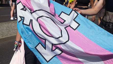 Transflagge mit Symbol für Nicht-Binärität